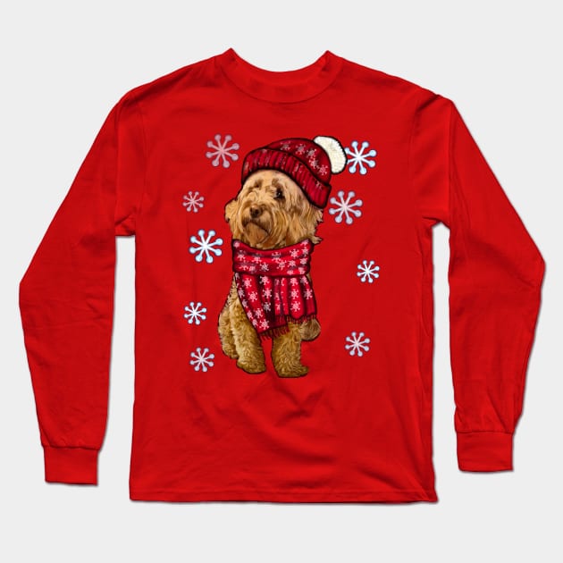 Cavapoo Cavoodle in festive red winter hat and scarf with snowflakes - cute cavalier king charles spaniel snug in a snowflake themed scarf Long Sleeve T-Shirt by Artonmytee